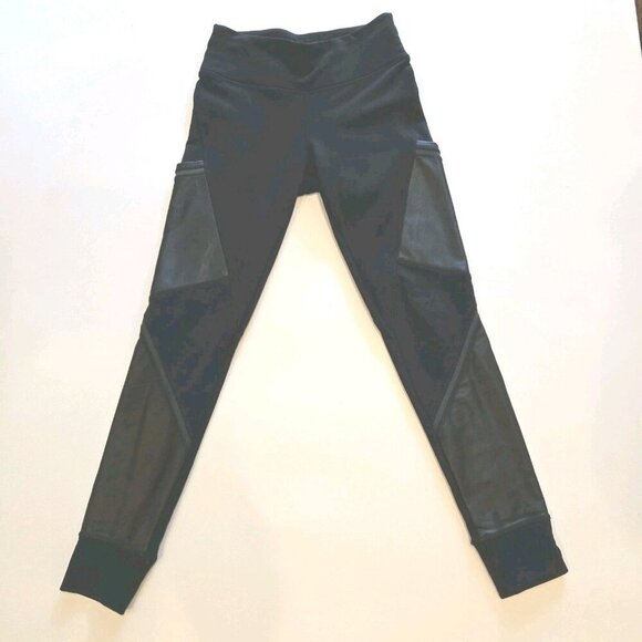 Athleta Pants - Athleta Leggings Faux‎ Leather Pockets Black Small Logo Style 74305 Yoga Biker